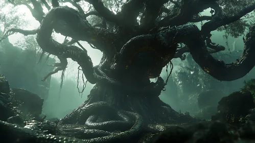 Mystical Forest with an Ancient Serpent-Entwined Tree