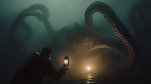 Giant Kraken and Diver With Lantern
