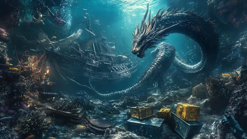 Serpentine Dragon Guarding Shipwreck and Marine Treasure