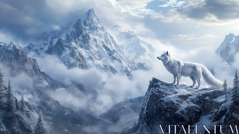 AI ART White Wolf on Mountain