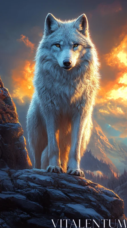 AI ART White Wolf in Mountain Sunset