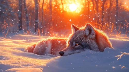 Peaceful Wolf in Winter Sunset