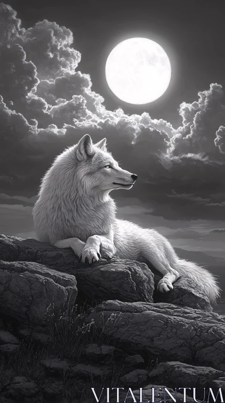 AI ART White Wolf Under Moonlight Tranquility