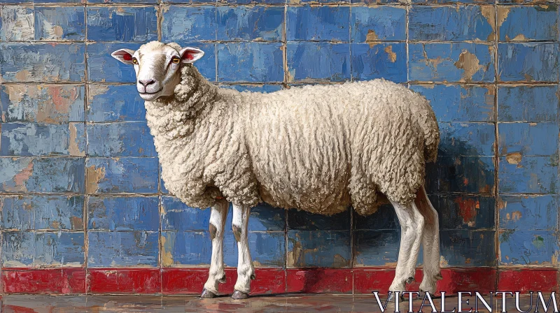 AI ART Sheep Against Blue Painted Tiles