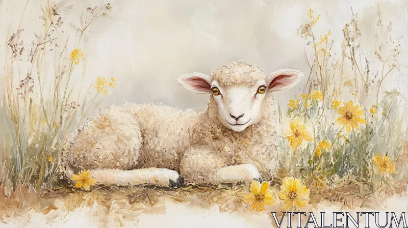 AI ART Peaceful Lamb in Blossoming Meadow