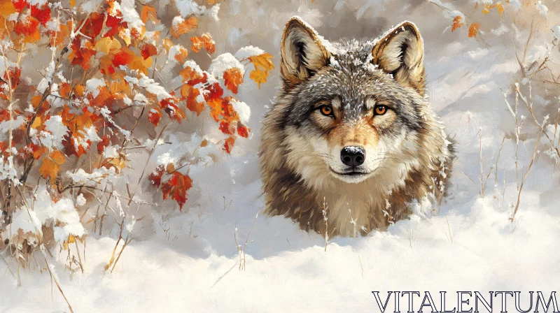 AI ART Wolf Amidst Snow and Autumn Leaves