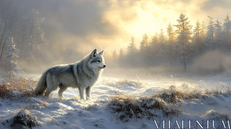 AI ART Winter Sunrise with a Wolf