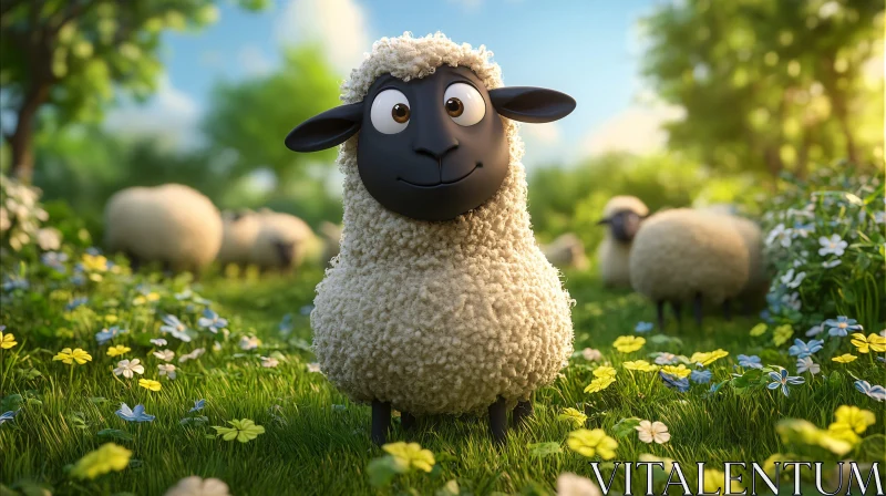 AI ART Cheerful Cartoon Sheep in Blossoming Field