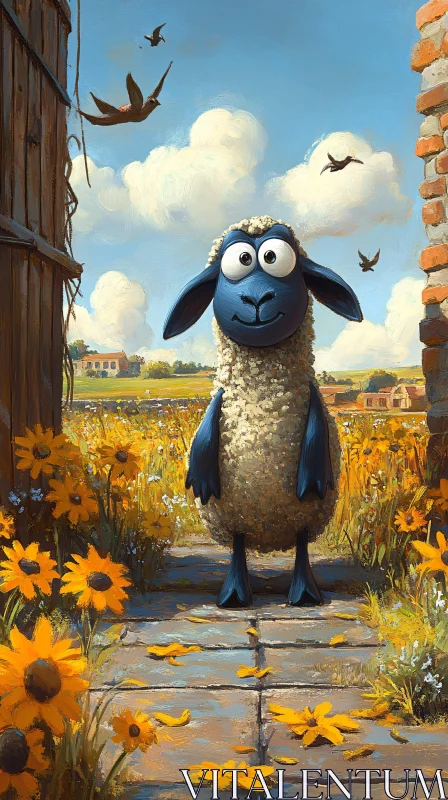 AI ART Whimsical Blue Sheep in Sunny Field