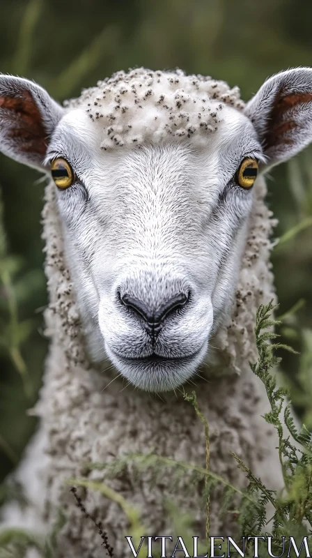 Sheep Portrait Among Green Foliage AI Image