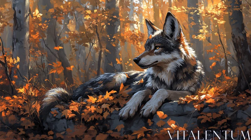 AI ART Majestic Wolf Amidst Autumn Leaves