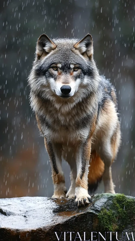 AI ART Wolf in Rain on Mossy Rock