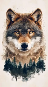 Wolf Art with Forest Background