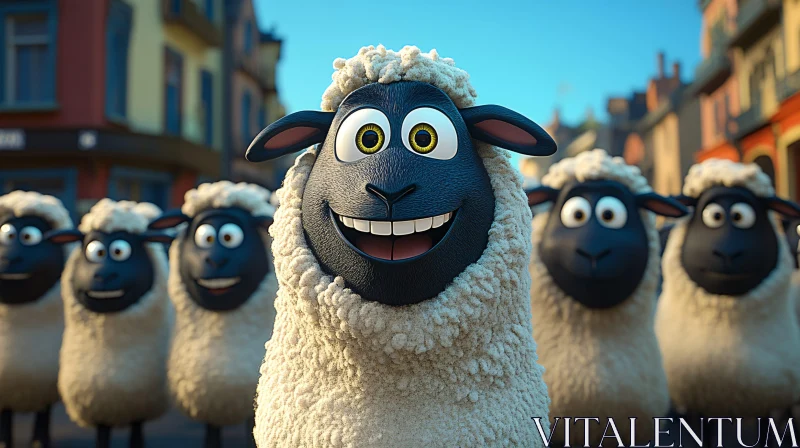 AI ART Smiling Cartoon Sheep Flock