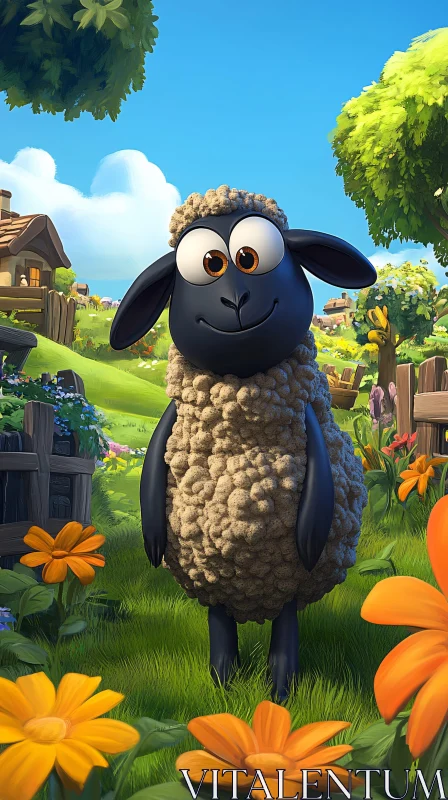 AI ART Cartoon Sheep Amidst Vibrant Nature