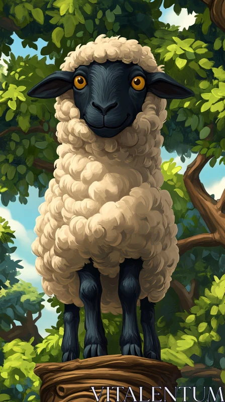 Playful Woolly Sheep Among Trees AI Image