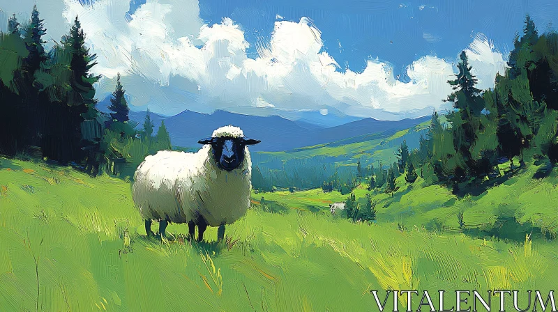 AI ART Serene Pasture with Sheep Artwork