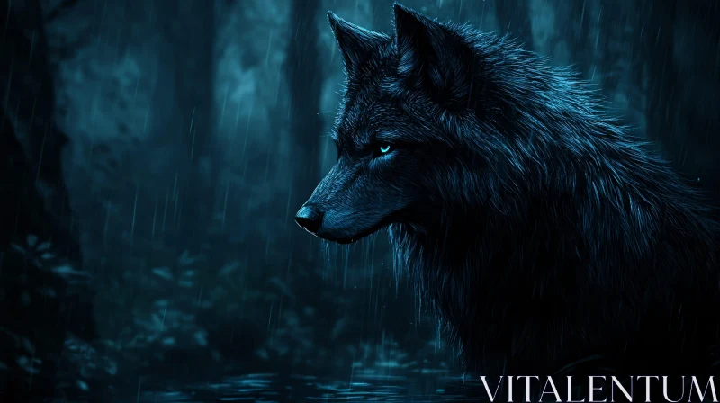 Blue-Toned Wolf in Rain AI Image