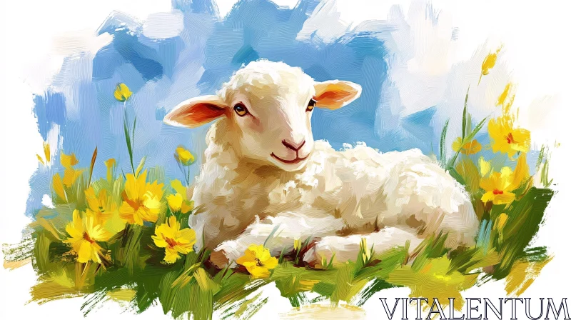 AI ART Peaceful Lamb Art with Flowers