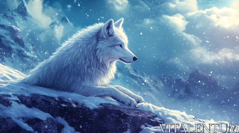 White Wolf on Snow Rock AI Image