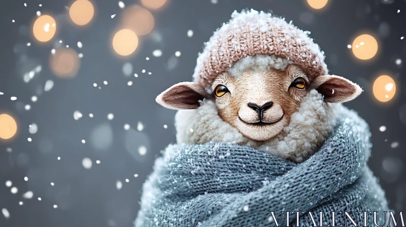 AI ART Sheep Wrapped in Warm Scarf and Hat