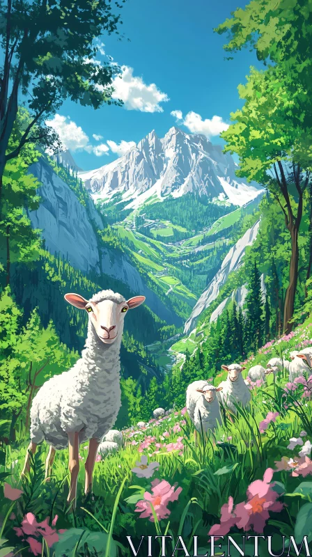 AI ART Serene Mountain Pasture with Sheep