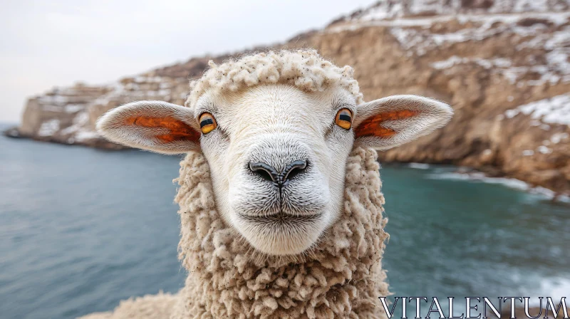 AI ART Ocean-Cliff Sheep Close-Up