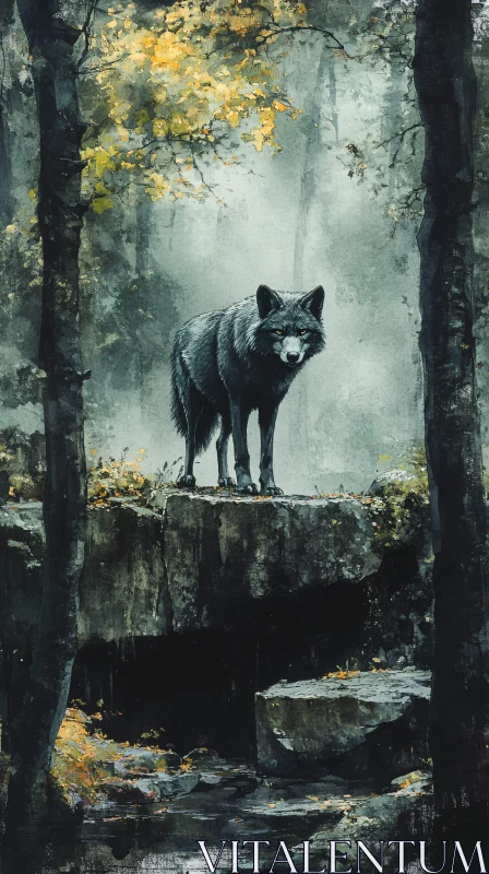 AI ART Mysterious Forest Wolf Scene