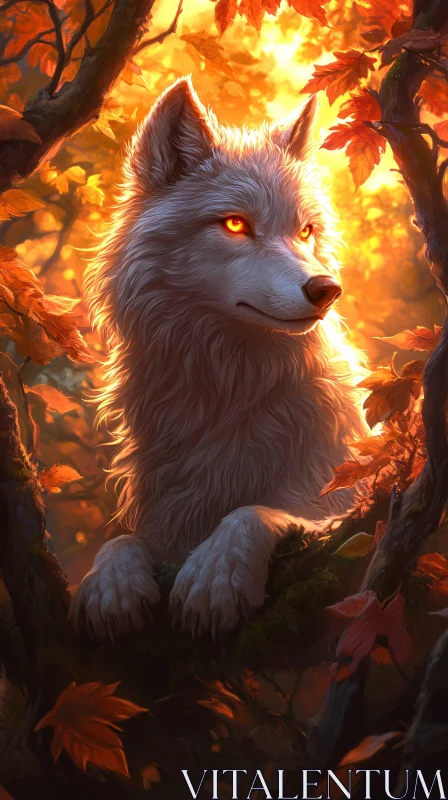 AI ART Ethereal Wolf Surrounded by Autumn Leaves