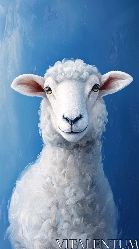 AI ART Alert Sheep with Curly Wool Against Blue