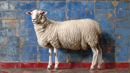 Sheep Against Blue Painted Tiles