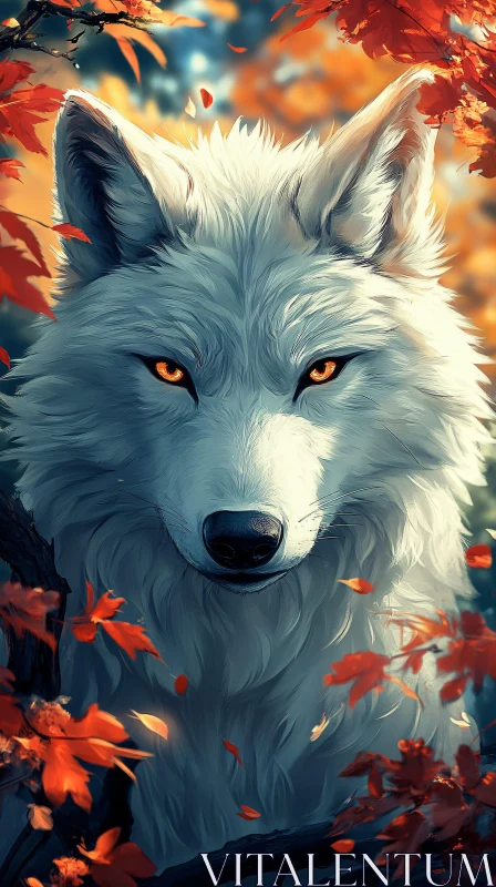 AI ART White Wolf Amidst Autumn Leaves