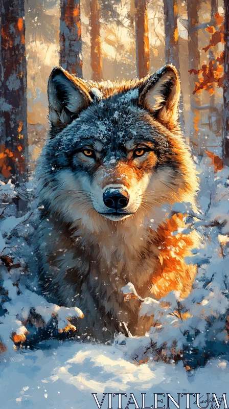 AI ART Winter Wolf Amidst Snowy Trees