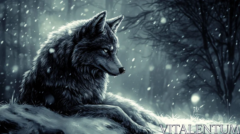 AI ART Serene Winter Wolf in Frosty Woods