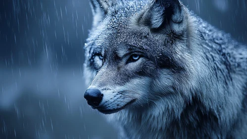 Majestic Wolf in Rainfall AI Image