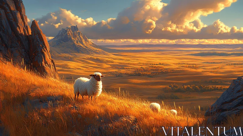 AI ART Golden Valley Sunset with Sheep