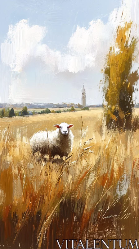 Pastoral Scene with Sheep and Church Spire AI Image