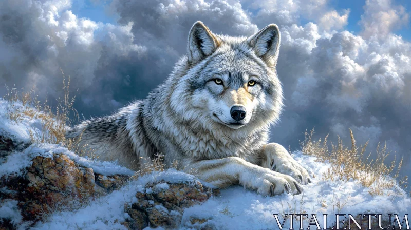 Wolf Resting in Snow AI Image