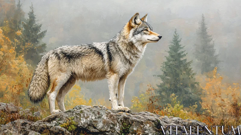 AI ART Majestic Wolf Amidst Misty Evergreens