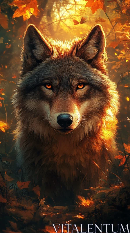 AI ART Golden Wolf Amidst Falling Leaves