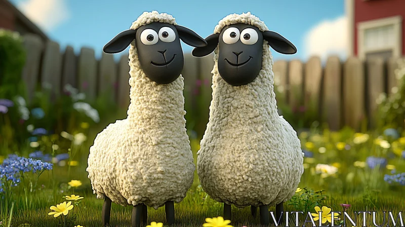 Animated Sheep Duo in Flower Field AI Image