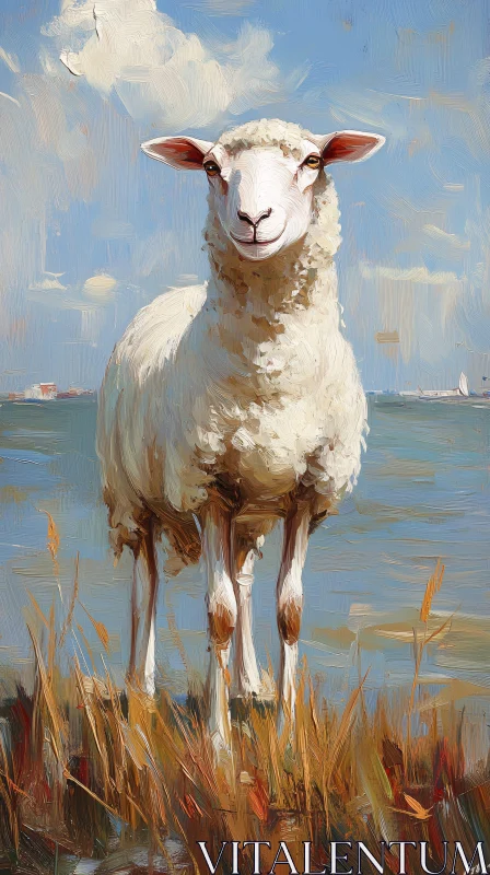 AI ART Pastoral Sheep with Ocean View