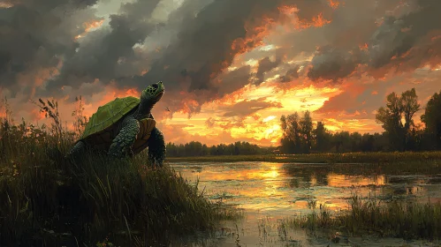 Serene Sunset Scene with Turtle