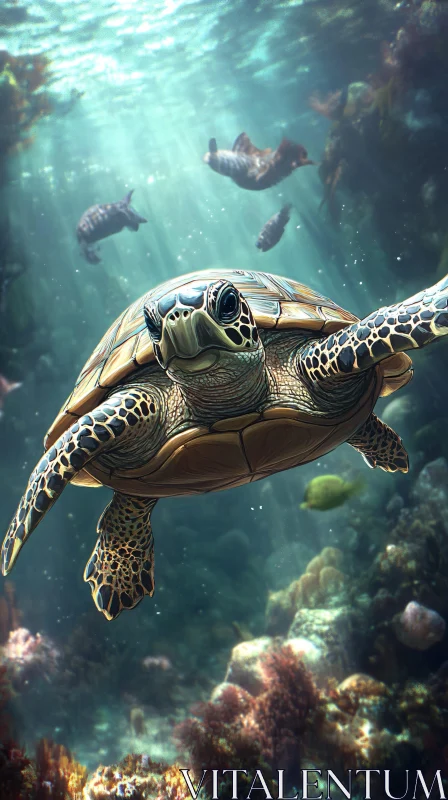 AI ART Underwater Turtle and Vibrant Marine Life