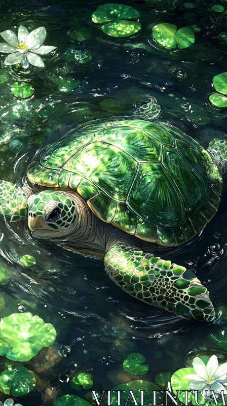 AI ART Graceful Turtle Amidst Lily Pads