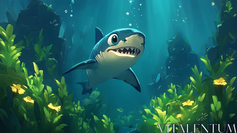 AI ART Charming Cartoony Shark Among Seaweed