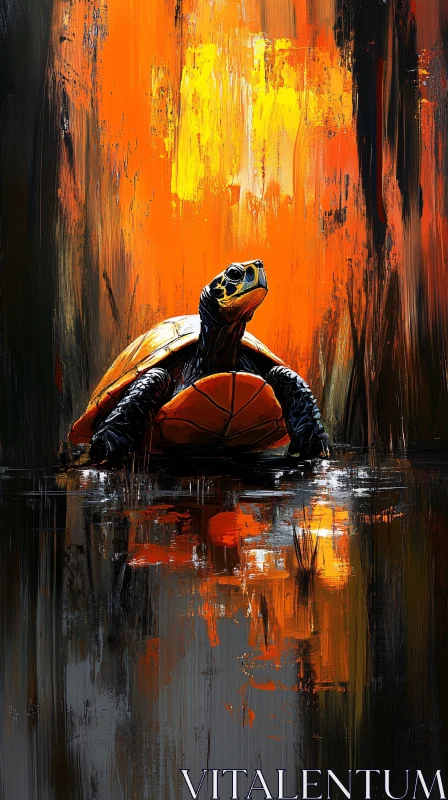 AI ART Turtle with Orange Abstract Background