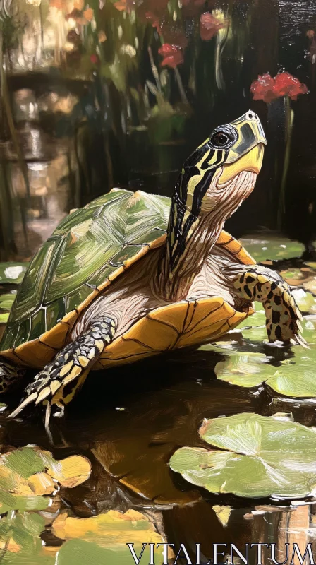 Turtle Resting on Lily Pads AI Image