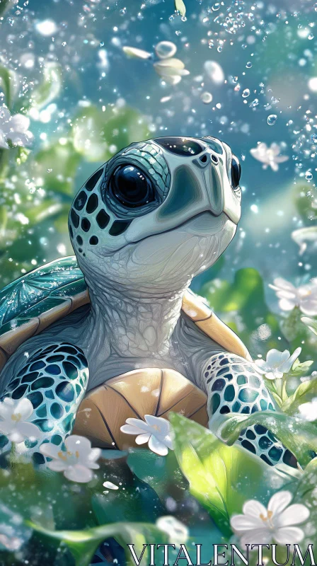 AI ART Serene Turtle in Floral Ocean