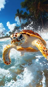 Turtle Amidst Ocean Waves